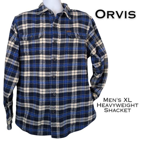Orvis Mens Flannel Shacket Shirt Jacket XL Blue White Plaid Heavyweight Pockets - Picture 1 of 11